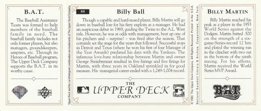 1993 Upper Deck All-Time Heroes #88 Billy Martin Back