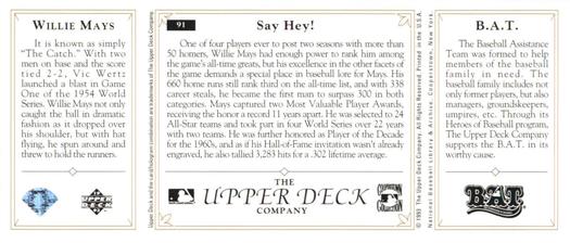 1993 Upper Deck All-Time Heroes #91 Willie Mays Back