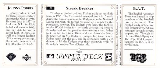 1993 Upper Deck All-Time Heroes #106 Johnny Podres Back