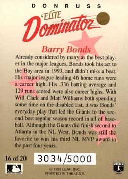 1993 Donruss - Elite Dominators #16 Barry Bonds Back