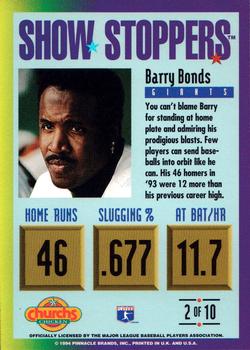 1994 Pinnacle Church's Hometown Stars - Show Stoppers #2 Barry Bonds Back