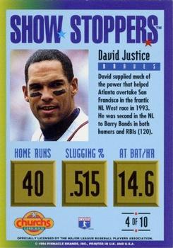 1994 Pinnacle Church's Hometown Stars - Show Stoppers #4 David Justice Back