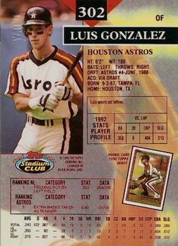 1993 Stadium Club - First Day Production #302 Luis Gonzalez Back
