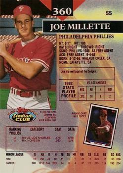 1993 Stadium Club - First Day Production #360 Joe Millette Back