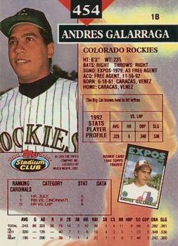 1993 Stadium Club - First Day Production #454 Andres Galarraga Back