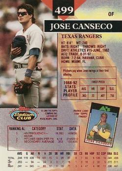 1993 Stadium Club - First Day Production #499 Jose Canseco Back