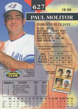 1993 Stadium Club - First Day Production #627 Paul Molitor Back