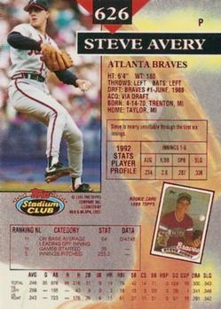 1993 Stadium Club - First Day Production #626 Steve Avery Back