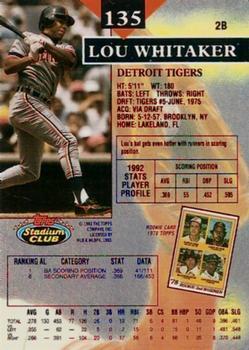 1993 Stadium Club - Members Only #135 Lou Whitaker Back