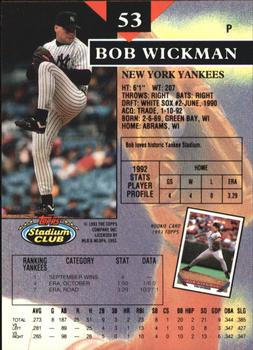 1993 Stadium Club - Members Only #53 Bob Wickman Back