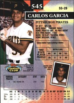 1993 Stadium Club - Members Only #545 Carlos Garcia Back