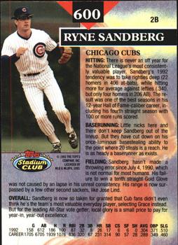 1993 Stadium Club - Members Only #600 Ryne Sandberg Back