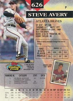 1993 Stadium Club - Members Only #626 Steve Avery Back