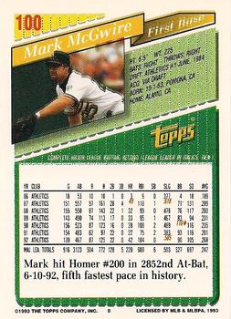 1993 Topps - Gold #100 Mark McGwire Back
