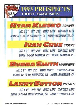 1993 Topps - Gold #423 Ryan Klesko / Ivan Cruz / Bubba Smith / Larry Sutton Back
