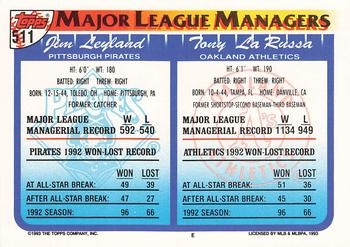 1993 Topps - Inaugural Marlins #511 Tony LaRussa / Jim Leyland Back