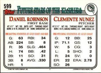 1993 Topps - Inaugural Marlins #599 Clemente Nunez / Daniel Robinson Back