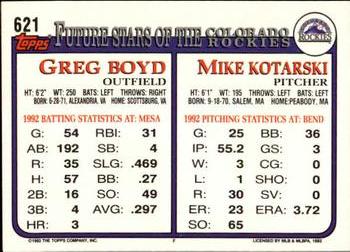 1993 Topps - Inaugural Marlins #621 Mike Kotarski / Greg Boyd Back