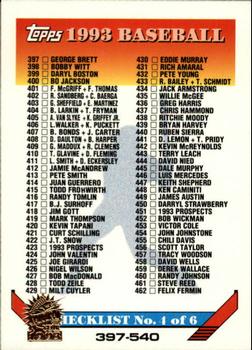 1993 Topps - Inaugural Marlins #823 Checklist: 397-540 Front