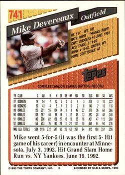 1993 Topps - Inaugural Rockies #741 Mike Devereaux Back