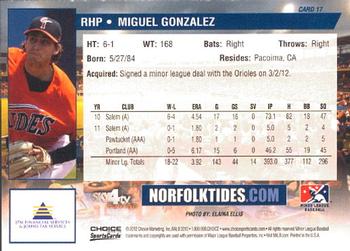 2012 Choice Norfolk Tides #17 Miguel Gonzalez Back