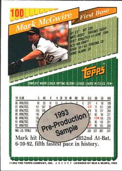 1992 Topps - 1993 Topps Pre-Production Samples #100 Mark McGwire Back
