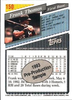 1992 Topps - 1993 Topps Pre-Production Samples #150 Frank Thomas Back