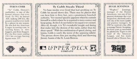 1993 Upper Deck All-Time Heroes - T202 Reprints #NNO Hugh Jennings / Ty Cobb Back