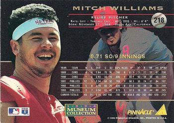 1994 Pinnacle - Museum Collection #218 Mitch Williams Back