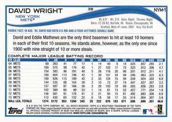 2014 Topps New York Mets #NYM-1 David Wright Back