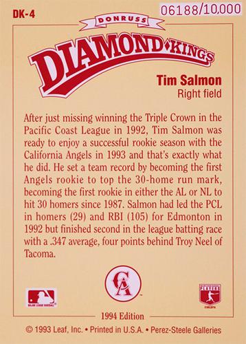 1994 Donruss - Diamond Kings Jumbo #DK-4 Tim Salmon Back