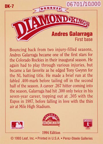 1994 Donruss - Diamond Kings Jumbo #DK-7 Andres Galarraga Back