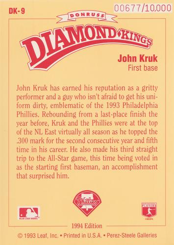 1994 Donruss - Diamond Kings Jumbo #DK-9 John Kruk Back