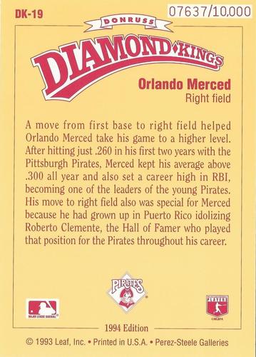 1994 Donruss - Diamond Kings Jumbo #DK-19 Orlando Merced Back