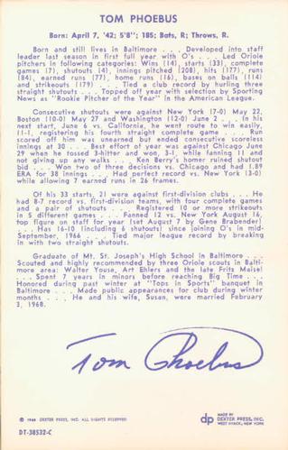 1968 Dexter Press Baltimore Orioles #9 Tom Phoebus Back