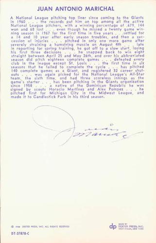 1968 Dexter Press San Francisco Giants #8 Juan Marichal Back