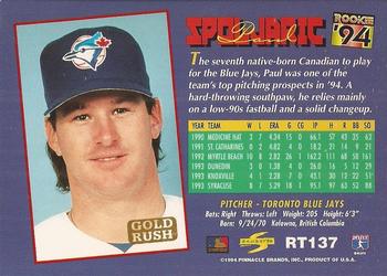 1994 Score Rookie & Traded - Gold Rush #RT137 Paul Spoljaric Back