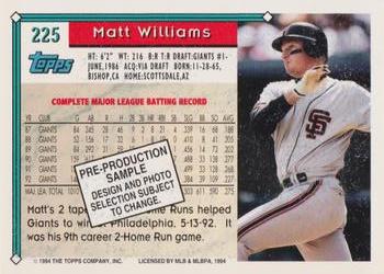1993 Topps - 1994 Topps Pre-Production Samples #225 Matt Williams Back
