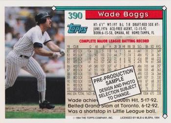 1993 Topps - 1994 Topps Pre-Production Samples #390 Wade Boggs Back