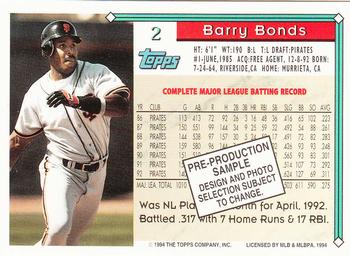 1993 Topps - 1994 Topps Pre-Production Samples #2 Barry Bonds Back