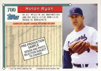 1993 Topps - 1994 Topps Pre-Production Samples #700 Nolan Ryan Back