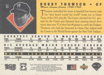 1994 Upper Deck All-Time Heroes - 125th Anniversary #51 Bobby Thomson Back