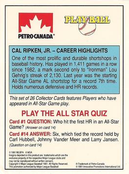 1991 Petro Canada All-Star FanFest Standups #1 Cal Ripken Jr. Back