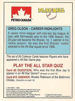 1991 Petro Canada All-Star FanFest Standups #2 Greg Olson Back