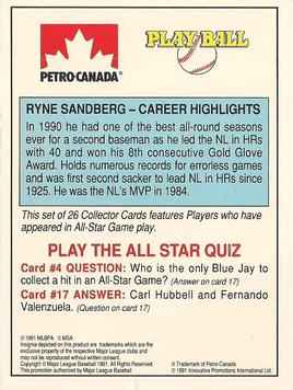 1991 Petro Canada All-Star FanFest Standups #4 Ryne Sandberg Back