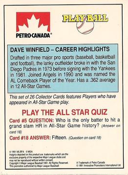 1991 Petro Canada All-Star FanFest Standups #5 Dave Winfield Back