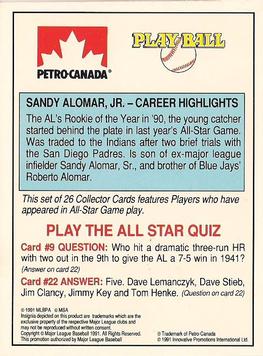 1991 Petro Canada All-Star FanFest Standups #9 Sandy Alomar Jr. Back