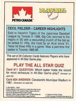 1991 Petro Canada All-Star FanFest Standups #11 Cecil Fielder Back