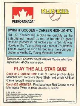 1991 Petro Canada All-Star FanFest Standups #12 Dwight Gooden Back