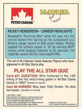 1991 Petro Canada All-Star FanFest Standups #21 Rickey Henderson Back